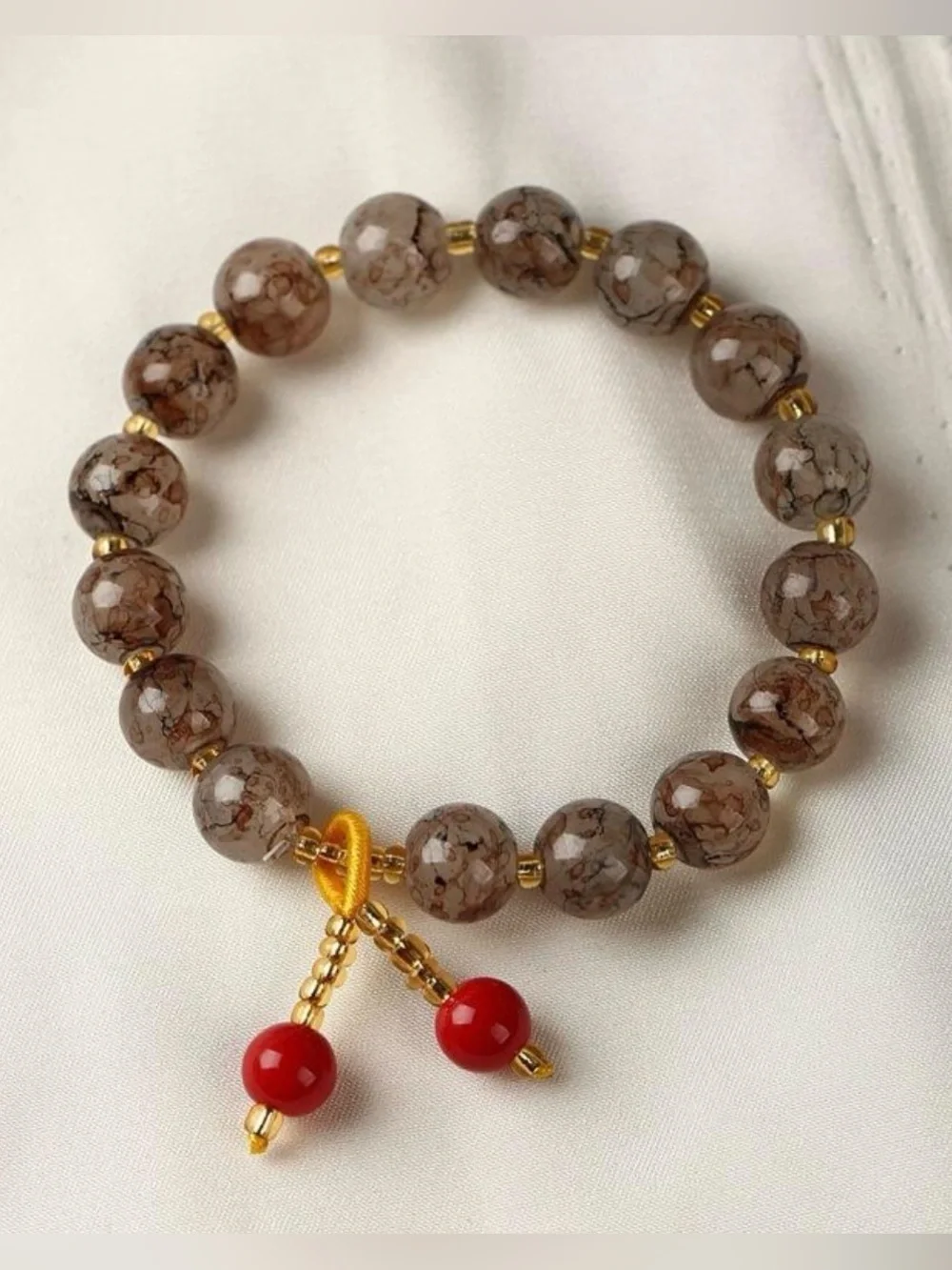 Green & Brown Dragon Vein Agate-Style Beaded Stretch Bracelet w/Red Dangle Charm